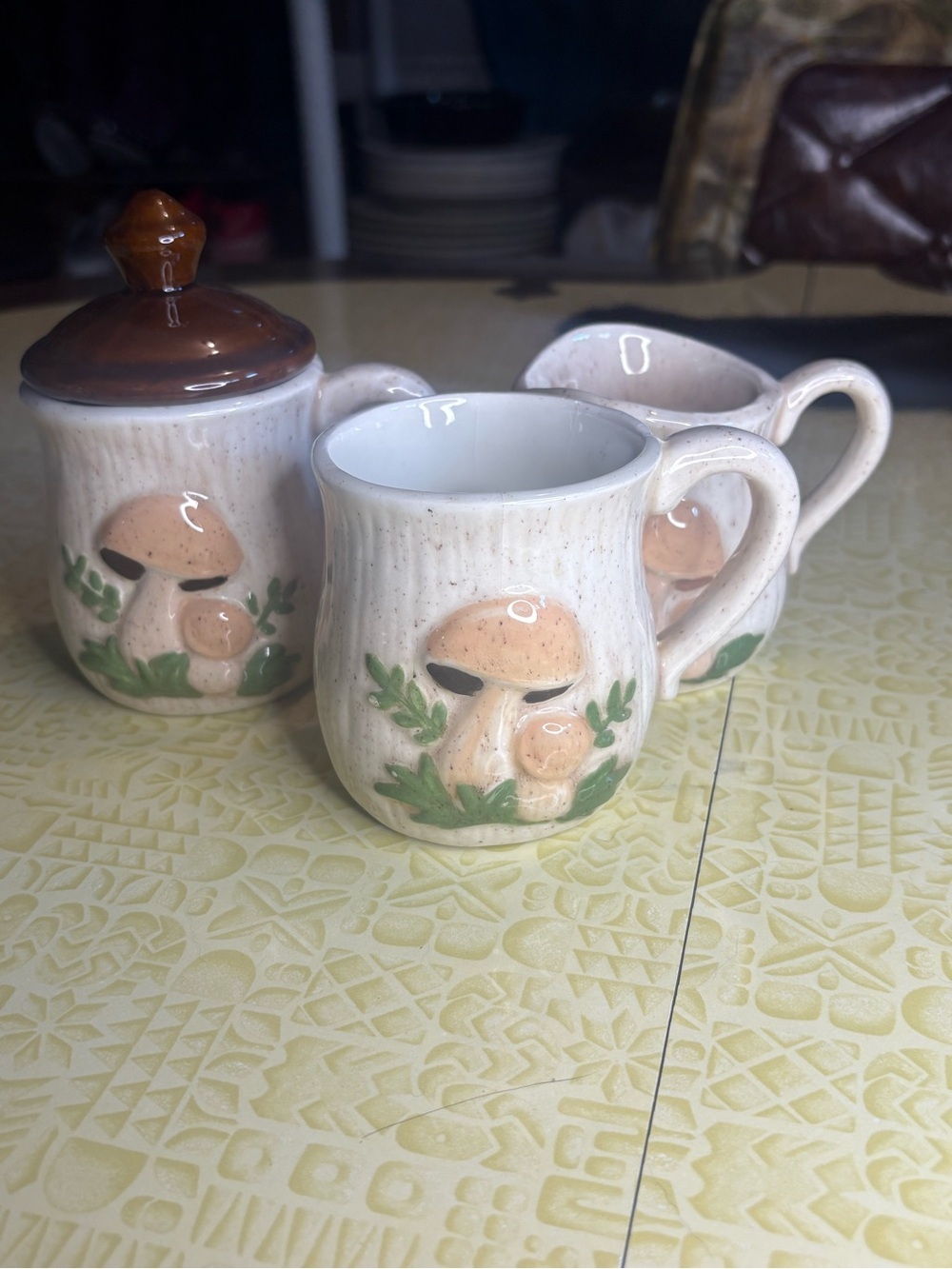 Vintage Ceramic Mushroom Creamer, Sugar Jar and Mug Set - Beige & Brown